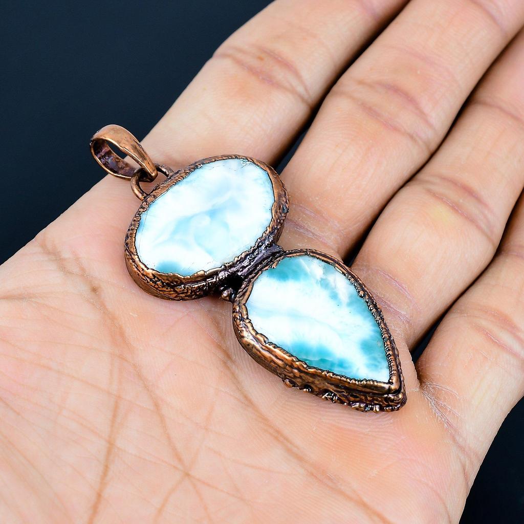 Larimar Pendant Gemstone Jewelry, Copper Electroformed Pendant, Handmade Jewelry Birthstone Pendant, Gift For Him