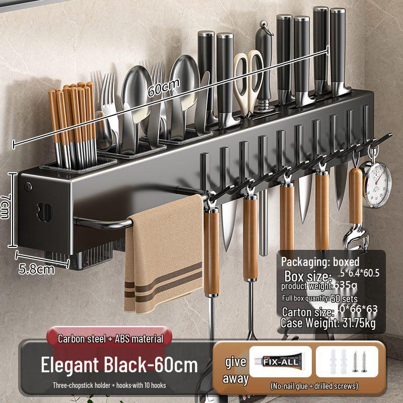 Suport de perete fără găuri pentru cuțite și ustensile cu suport pentru bețișoare