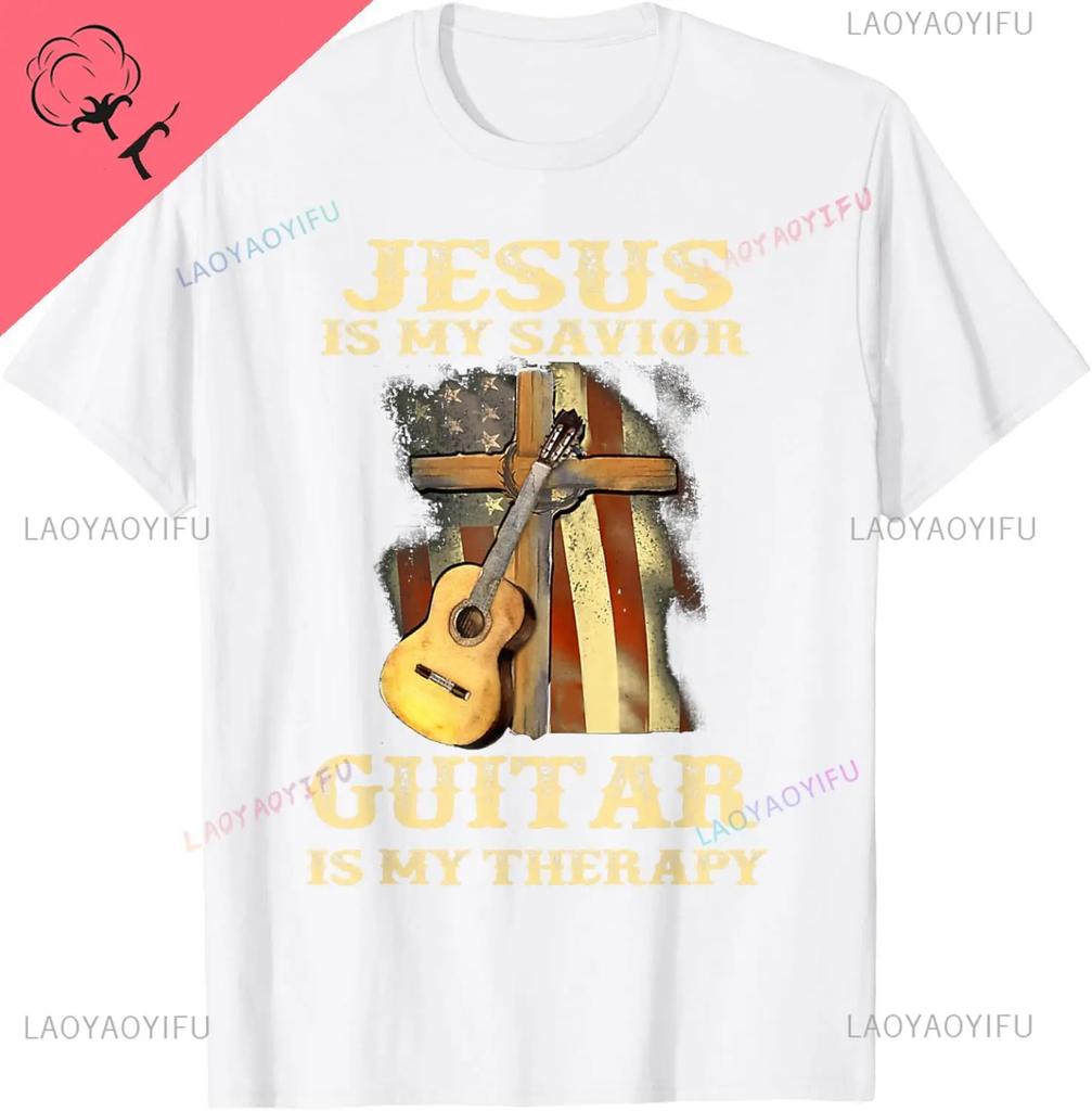 Jesus Is My Savior Guitar Is My Therapy Funny Christian TShirt Custom Printed Graphic T Shirts Cotton Camiseta Hombre