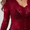 Women Tops V-Neck Long Sleeve See-through Lace Floral Design Pullover Tops Slim Fit Layering Versatile Tops