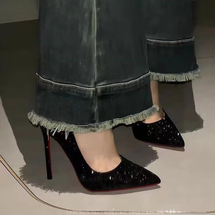 2024 Women's Glitter Red Bottom Black Stiletto Heels, Size 43 - Sexy Pointed Toe, Professional, Elegant, and Absolutely Stunning Single Shoes.