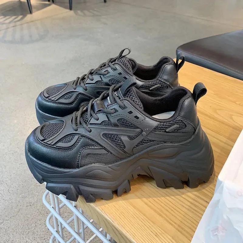 Scarpe Sportive con Zeppa da Donna Nuova Moda Donna Estate Nere Casual Sneakers Chunky da Donna Scarpe con Zeppa in Rete e Pelle da Donna