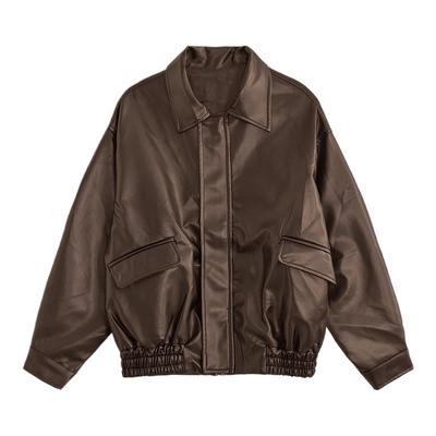 Womens Brown PU Leather Jacket Short Loose Fit Vintage Style Motorcycle Biker Coat