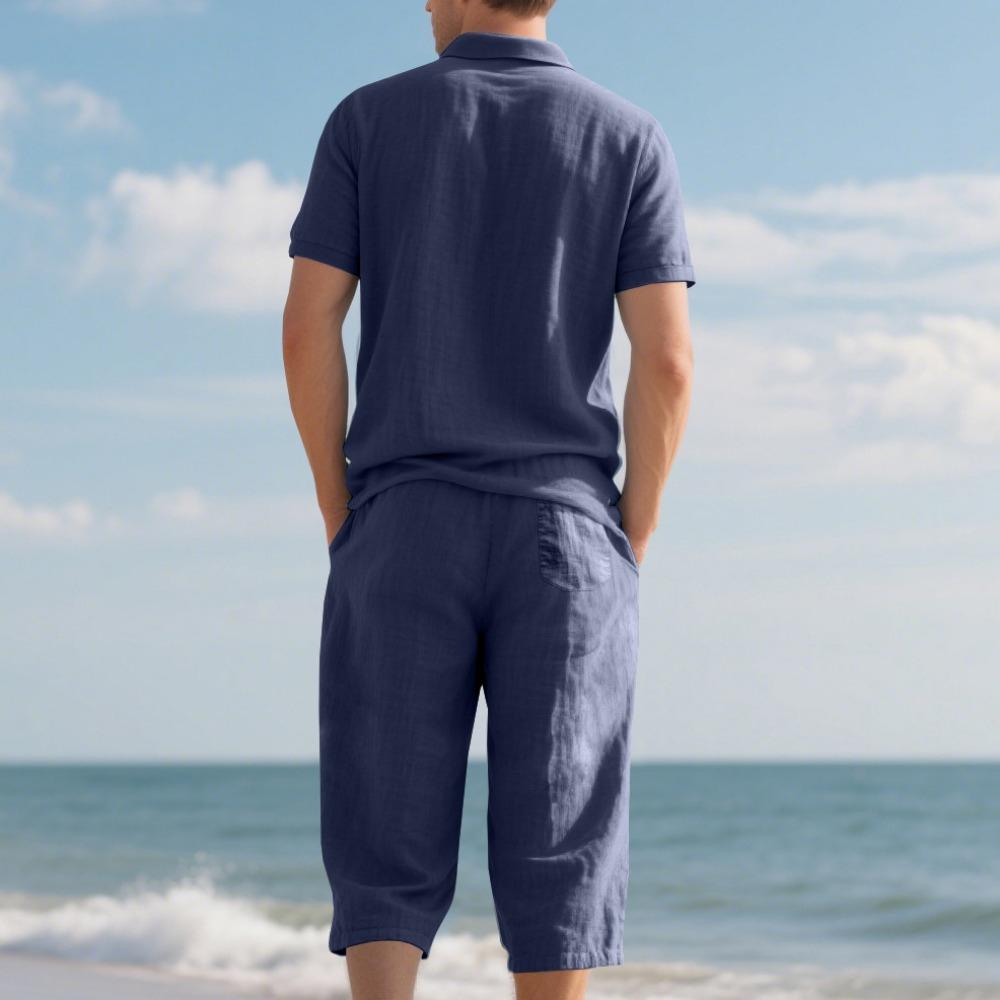 Men's Summer New Short Sleeve and Shorts Set, Made of Linen Fabric, A High-Quality Two-Piece Short Sleeve and Shorts Set