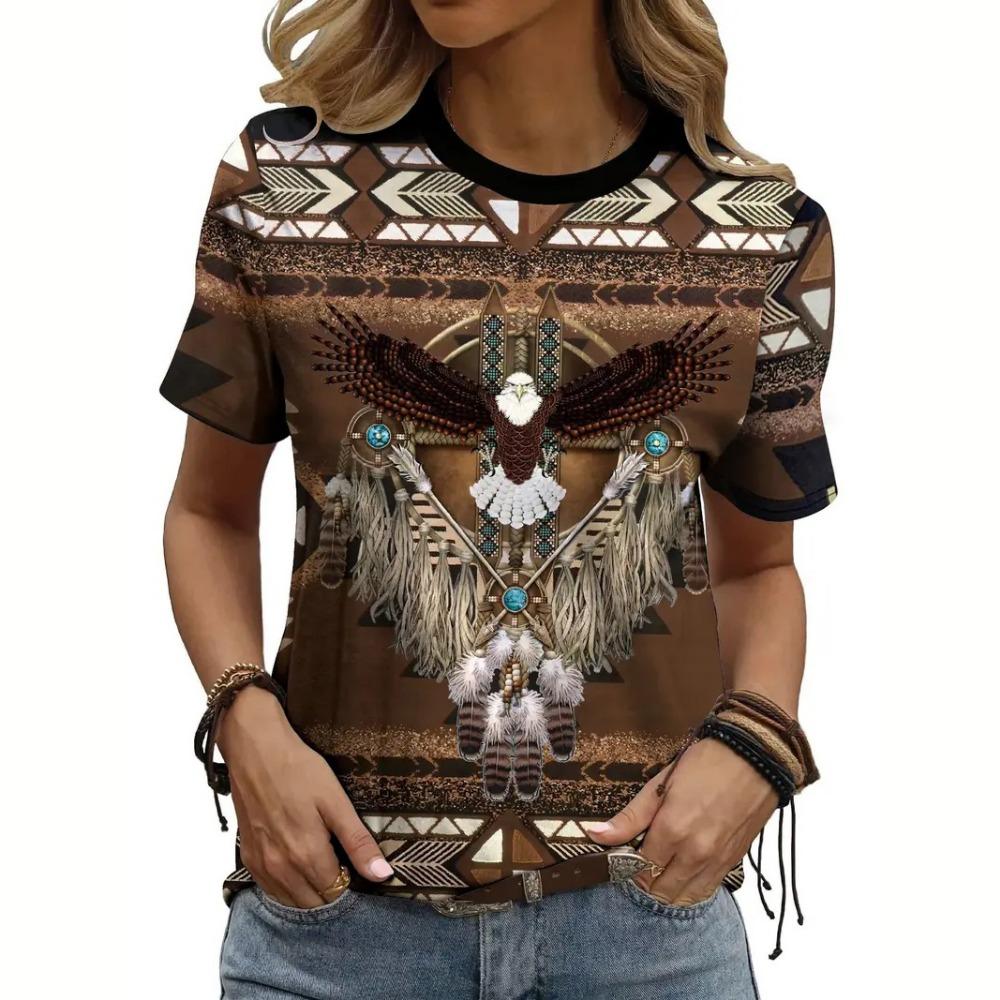 

Винтажная футболка для женщин с этническим принтом, футболка с круглым вырезом, летняя повседневная футболка с коротким рукавом, уличная женская одежда больших размеров L