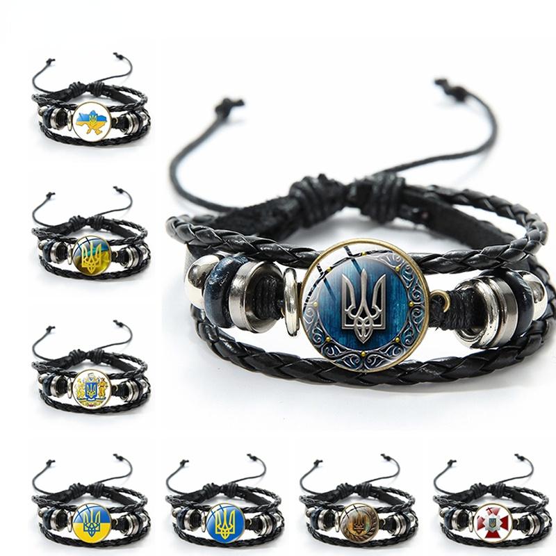 Bracciale con Ciondolo Simbolo Rune Vintage Tryzub Gemme di Vetro Fatto a Mano Multiplo Braccialetti in Pelle PU Braccialetto Gioielli Unisex Regalo