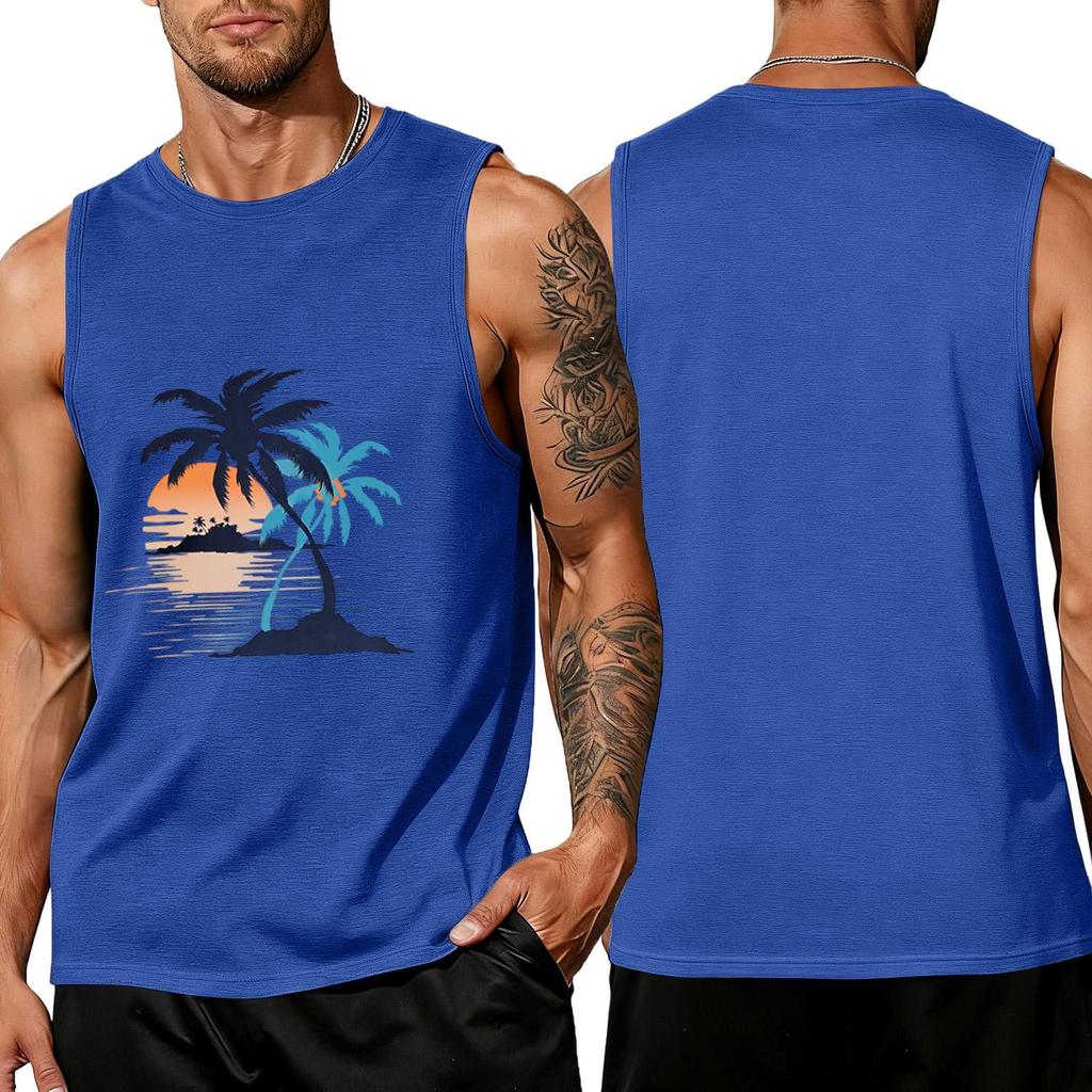 Men’s Sleeveless Crew Neck Tank Top with Tropical Tree and Print Casual Relaxed Fit Shirt