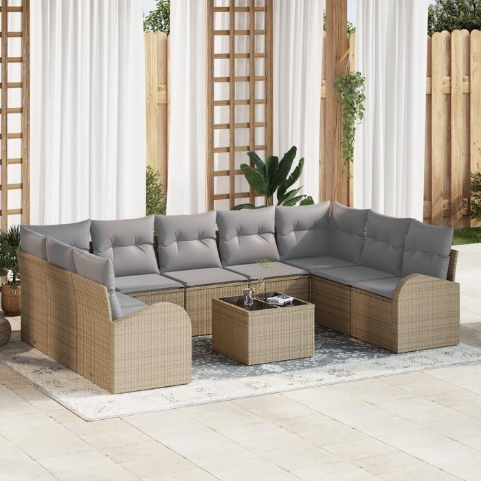 VidaXL Canapé de Jardin 10 Pièces avec Coussins Rattan Beige et Gris 3346210