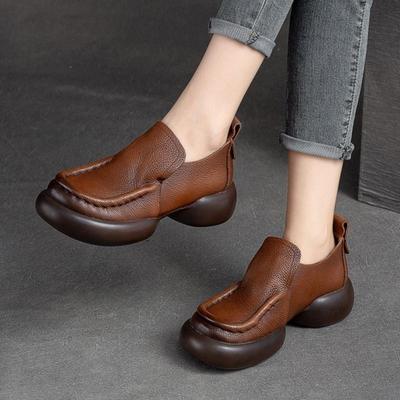 Damen-Pumps aus echtem Leder, Retro-Stil, dicke Sohle, bequeme Slip-on-Schuhe, runde Zehen, vielseitige Schuhe
