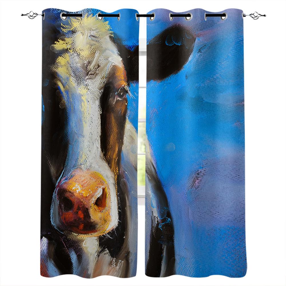 Animal Cow Color Oil Painting Window Curtains Bedroom Kitchen Drapes Panel Curtains for Living Room Christmas Home Decor