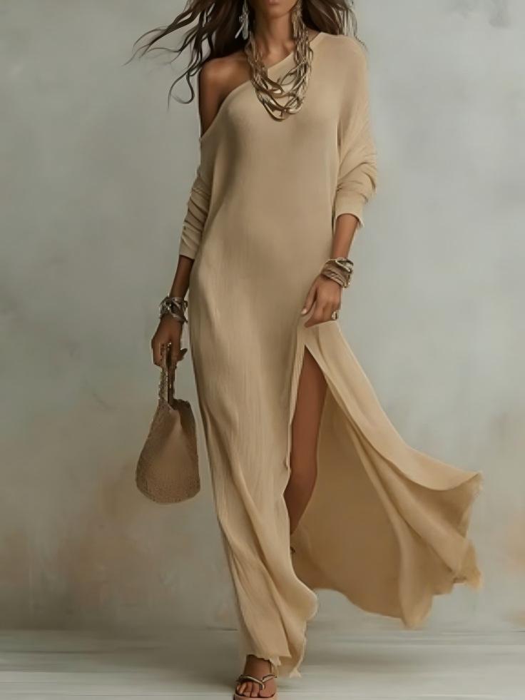 Nuovo Abito Elegante da Donna Estivo in Maglia Manica Lunga Pieghettato con Spacco