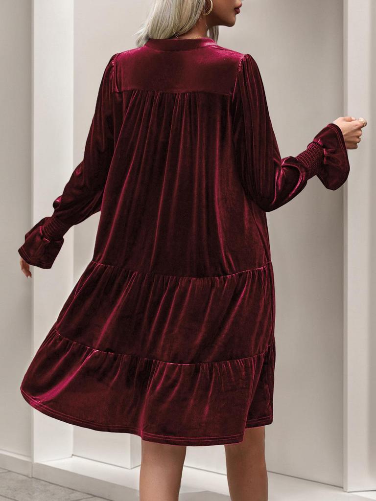 2026 Elegant Velvet Party Dress - Long Sleeve Solid Color