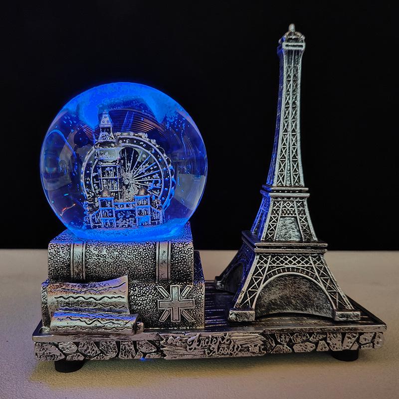 Creative Luminous Eiffel Tower Snow Globe Music Box - Retro Desktop Decoration