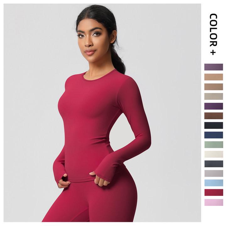 European-American Slim Fit Long Sleeve Yoga Top - Nude, Brushed Feel, Round Neck, High-Intensity Running & Fitness Wear