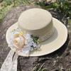 Lace flower flat top straw hat women's new summer outdoor travel sun protection sun hat seaside vacation beach hat