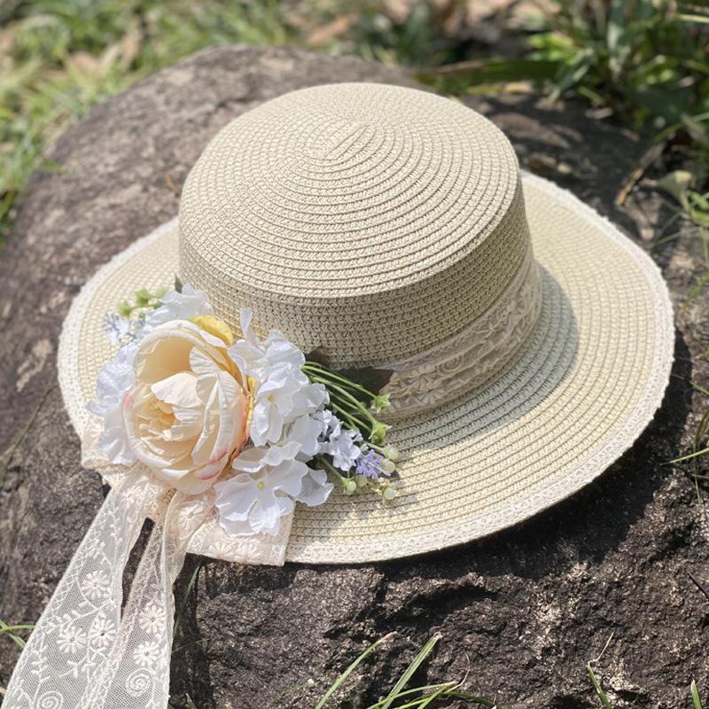 Lace flower flat top straw hat women's new summer outdoor travel sun protection sun hat seaside vacation beach hat