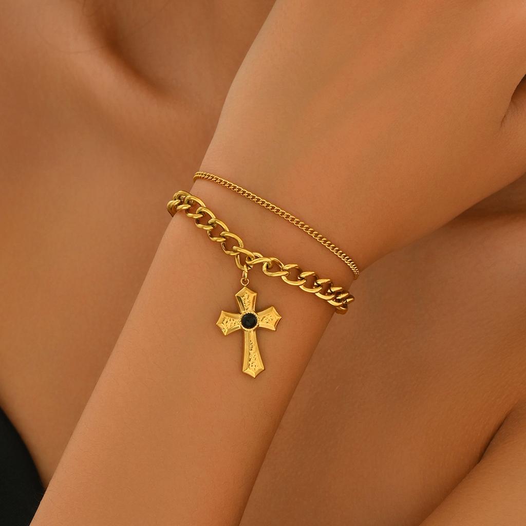 Hip Hop Ladies Bracelet Geometric Multi-Layer Inlaid Jewel Design Cross Pendant Jewelry Women