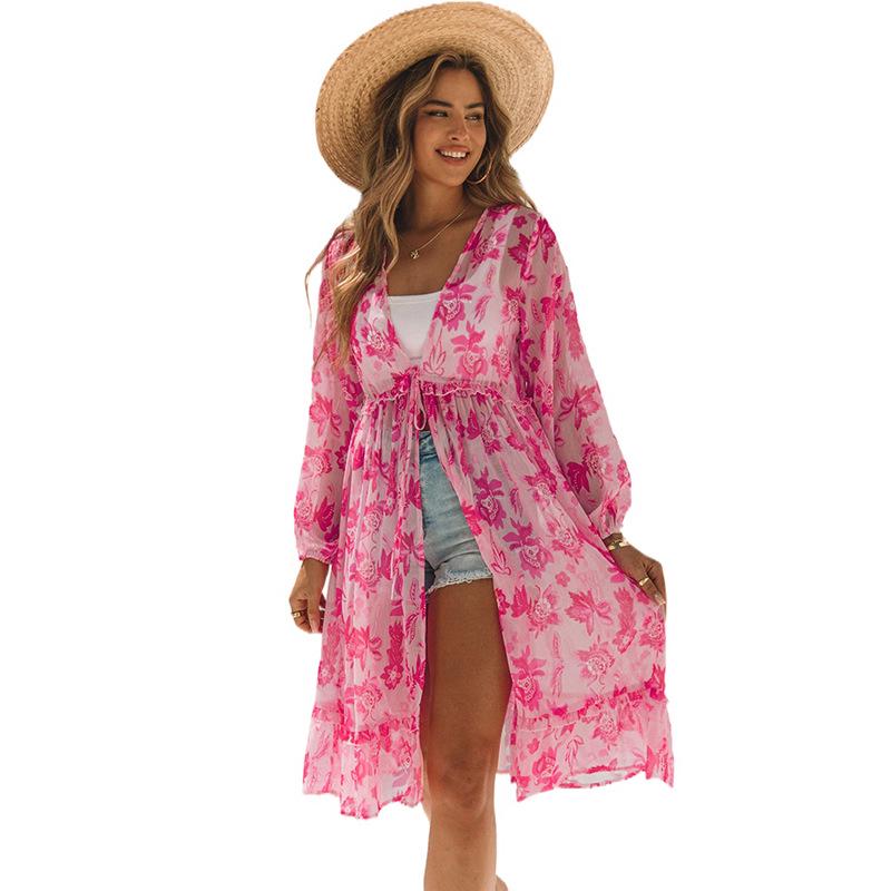 

Женский кардиган средней длины для пляжа - Летняя защита от солнца с принтом в европейском и американском стиле XL розовый