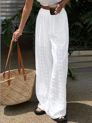 Women's Summer Solid Hollow Embroidered Loose Waist Elastic Long Pants Casual Versatile