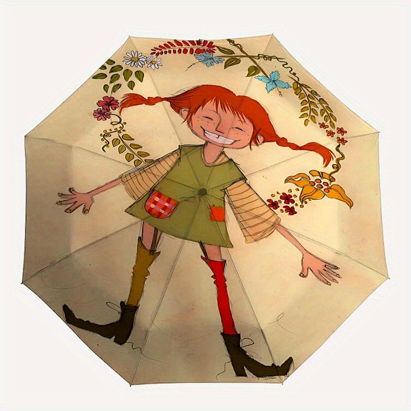 Pippi Langstrumpf, Illustration Automatisches Öffnen und Schließen Regenschirm, Kompakter Reise Regenschirm, Leicht und Tragbar, Geeignet für Bea