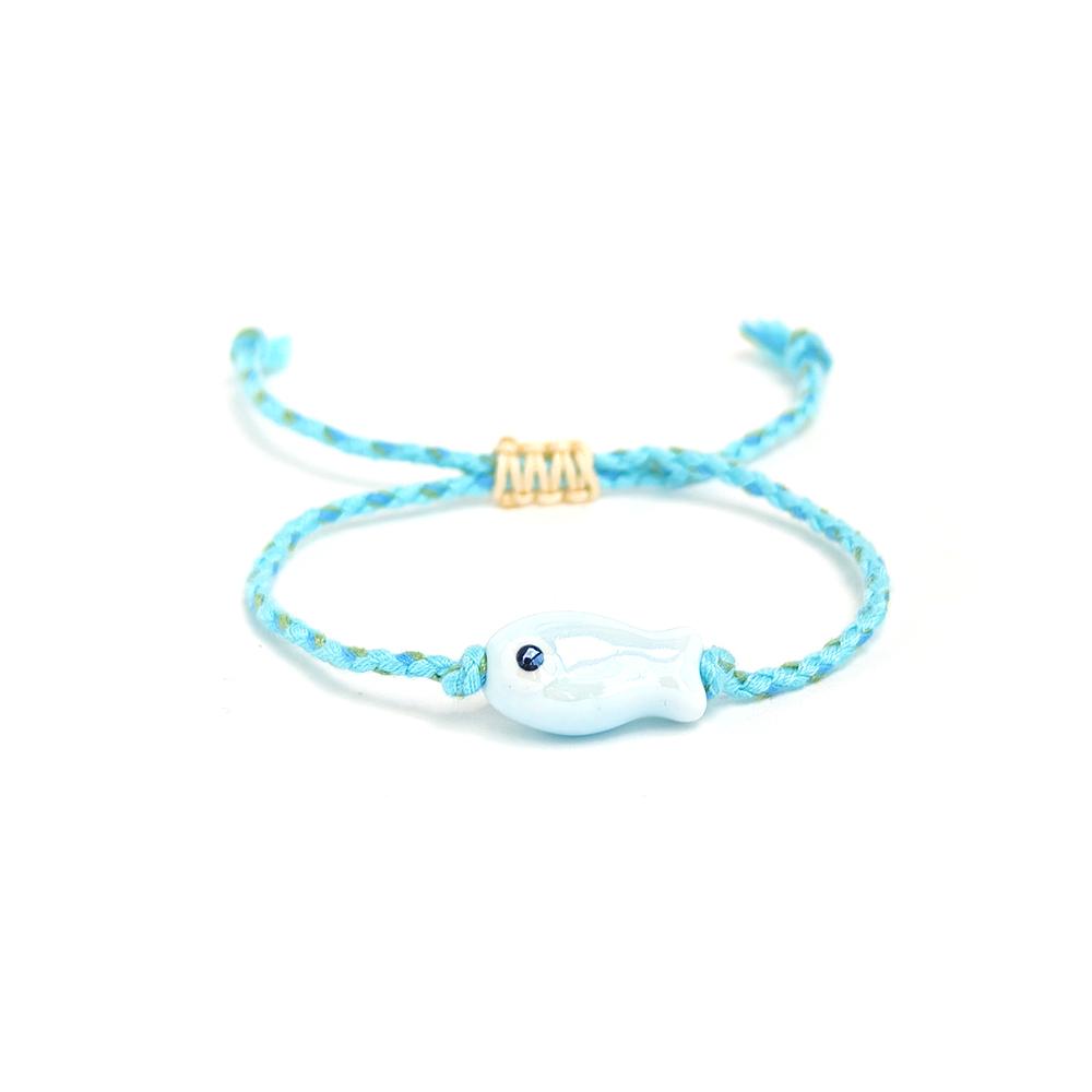 Vlen Adjustable Summer Beach Bracelet Ceramic Fish Charm Boho Style Colorful Rope Braided Handmade Jewelry Gift for Women