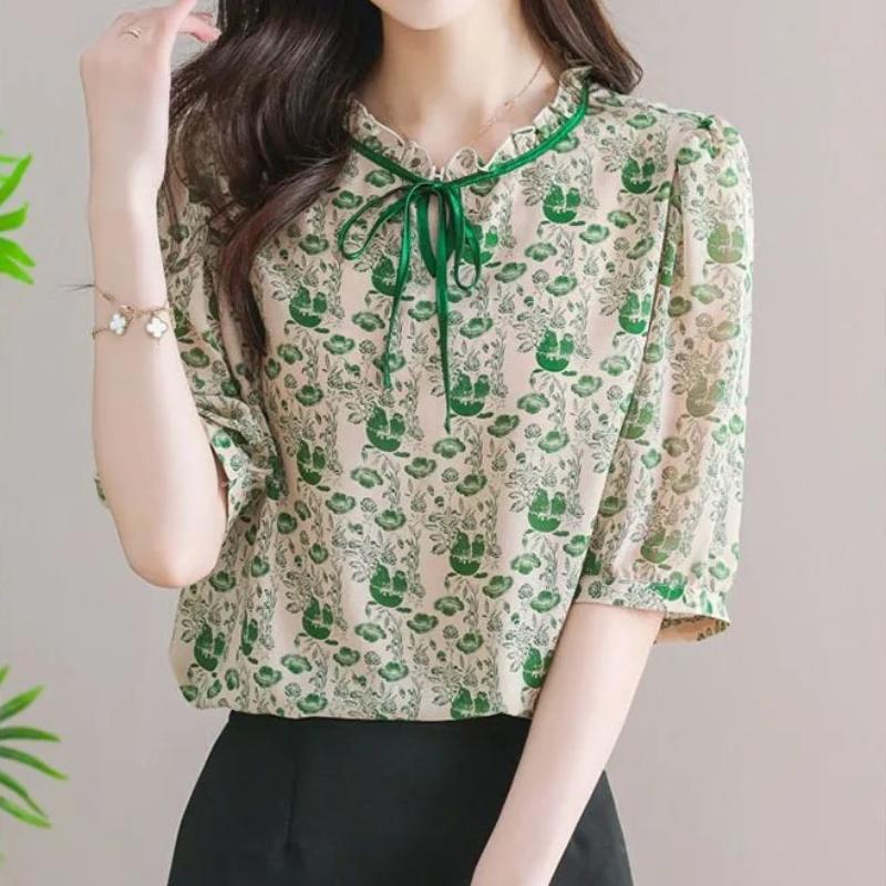 Elegante Blusa de Gasa Estampada con Temperamento para Mujer Moda de Verano Camisa de Manga Corta Combinable Ropa de Verano para Mujer