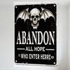 Vintage Distressed Black Metal Skull Bat Wings 'ABANDON ALL HOPE' Sign - Ye Who Enter Here, Hanging Holes for Home Bar Cave Spoo