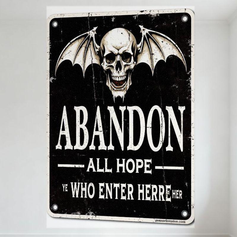 

Vintage Distressed Black Metal Skull Bat Wings ABANDON ALL HOPE Sign - Ye Who Enter Here, Hanging Holes for Home Bar Cave Spoo 20x30cm（7.8x11.8inch）