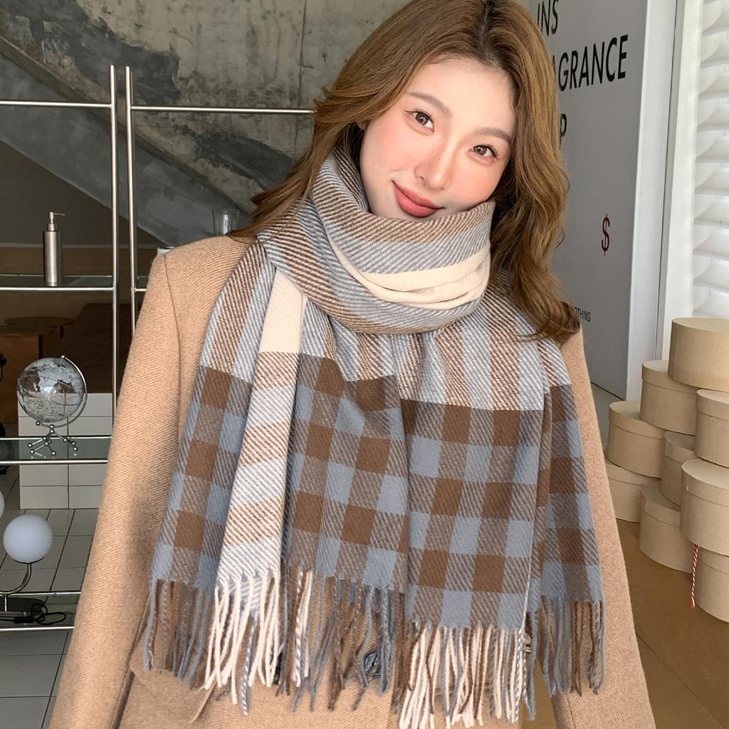 Autumn and Winter Scarf Women's 1116 New Korean Version of Simple Imitation Cashmere Plaid Warm Shawl Fashionable Versatile Fringed Scarf
