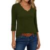 Women’s Casual Loose Fit Top with Scalloped V Neck and Decorative Scalloped Cuffs Three Quarter Sleeve Pullover Shirt