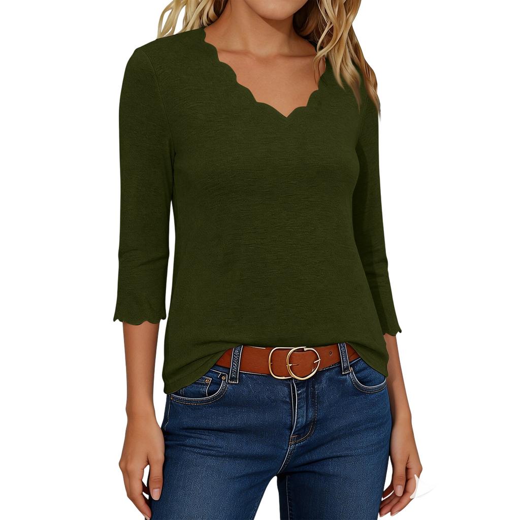Women’s Casual Loose Fit Top with Scalloped V Neck and Decorative Scalloped Cuffs Three Quarter Sleeve Pullover Shirt