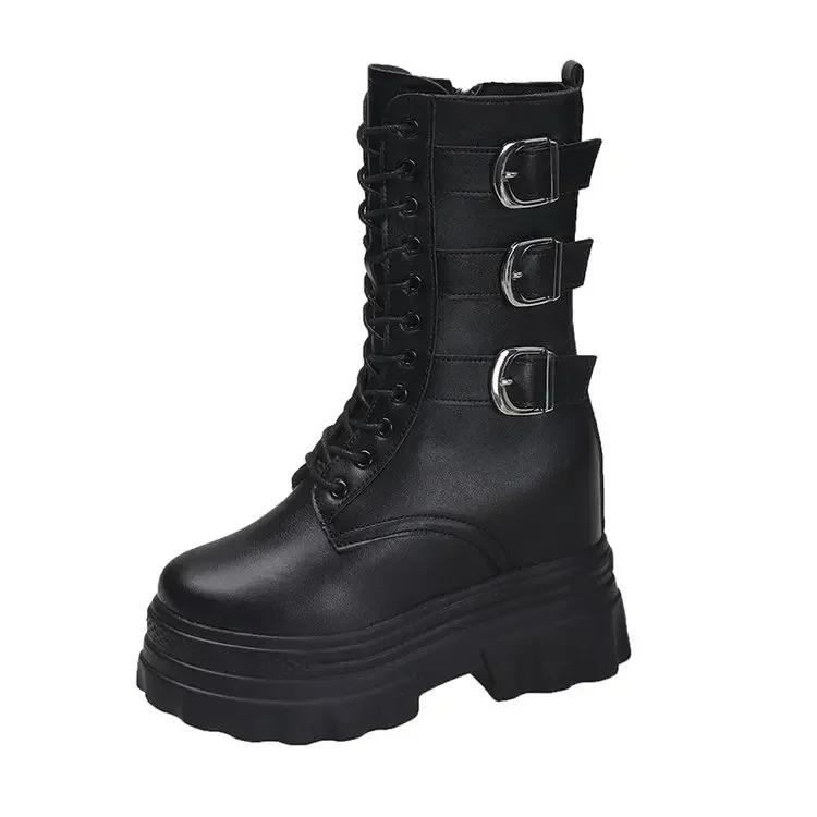 Fashion Womens Mid-calf Boots Fashion Motorcycle Boots High Quality Casual Leather Booties 12cm Height Increase Platform Boots for Women