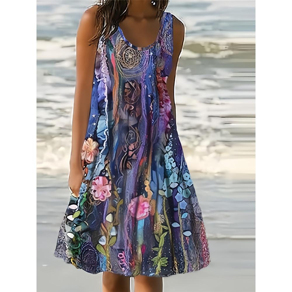 Ladies' Printed Sleeveless Dress - Round Neck Casual Summer Colorful Flower Design Clothing