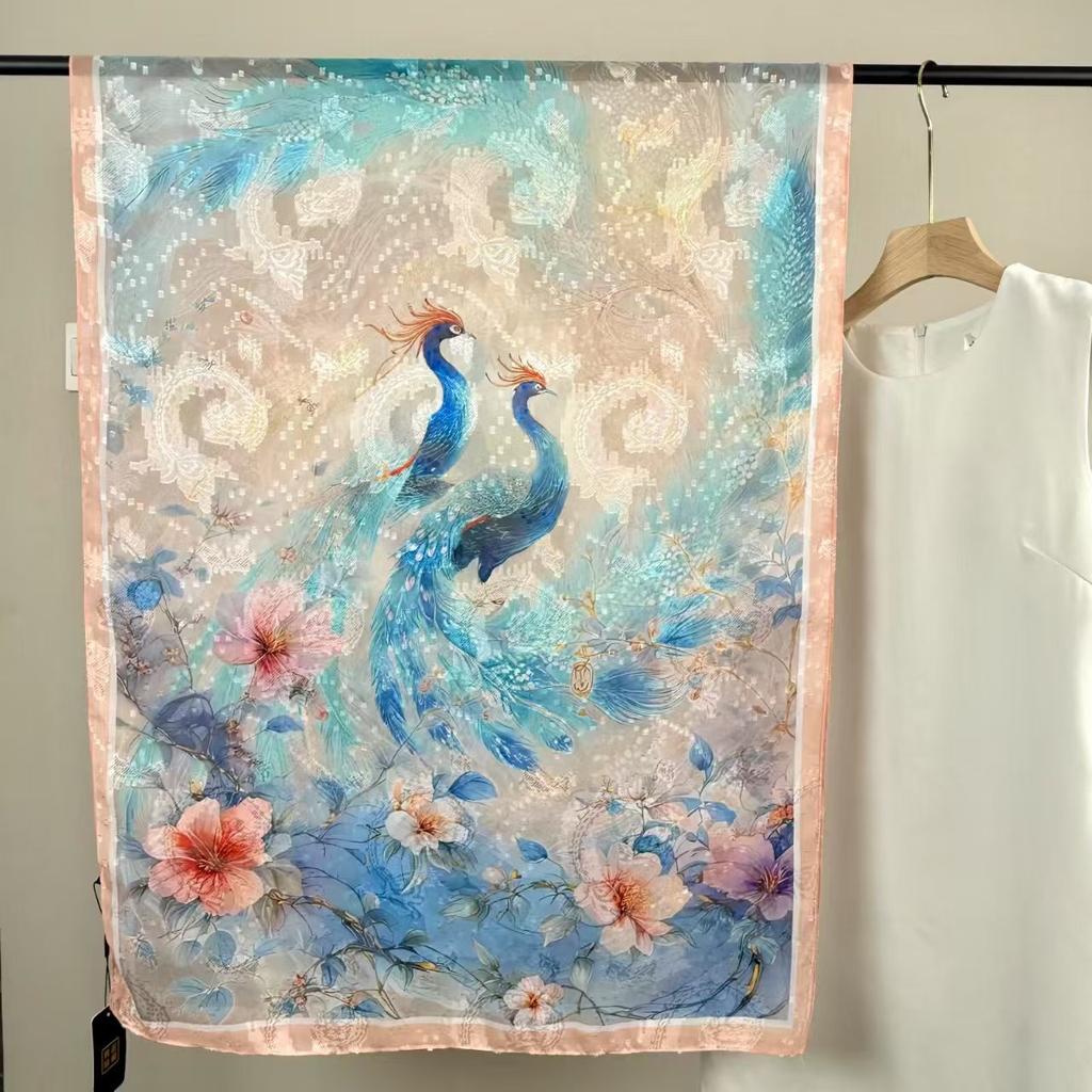 Cut Flower Silk Scarves, Women'S Summer Thin Styles, Send Mother Shawls, Middle-Aged And Elderly Scarves, Travel Photos, Beach Towels