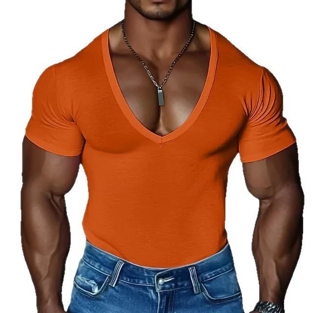 

Мужская футболка с коротким рукавом и V-образным вырезом, мужская футболка приталенного кроя, однотонная, повседневная, с коротким рукавом, мужской топ XXXL оранжевый