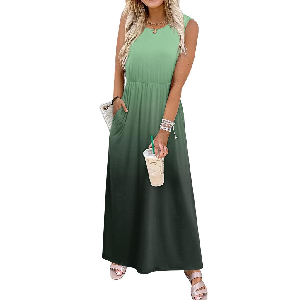 Ladies' Gradient Printed Casual and Fashionable Waist Cinched Sleeveless Dress