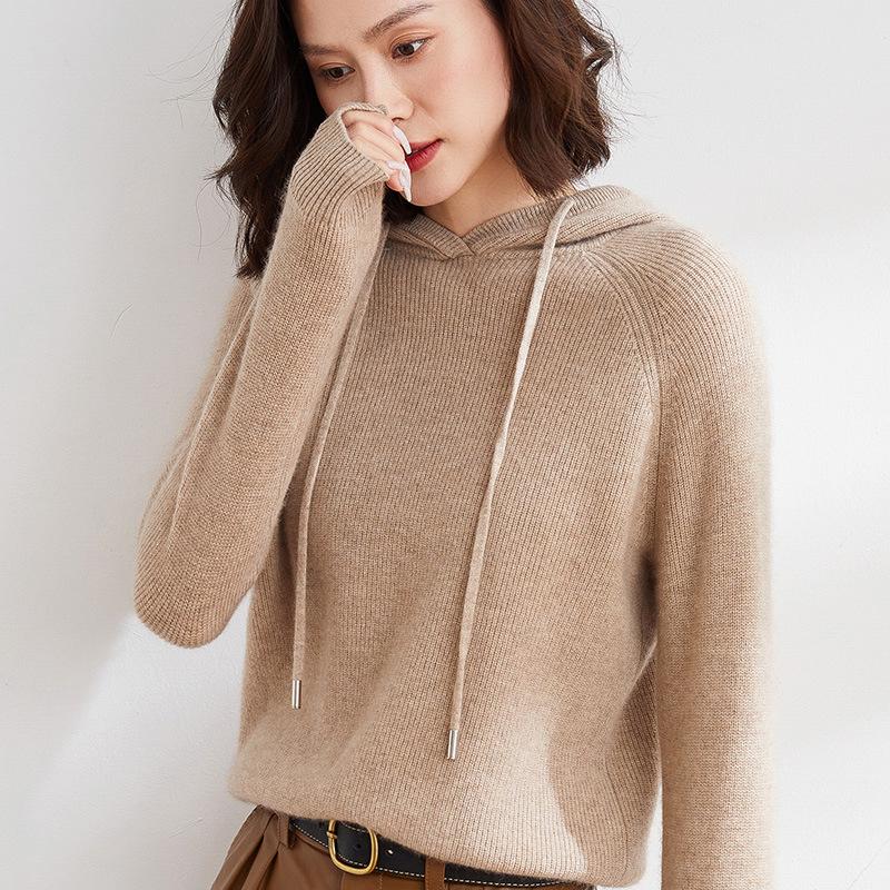 Women's Oversized Hooded Knit Sweater - Cozy Autumn/Winter Drawstring Pullover, Versatile Solid Color.