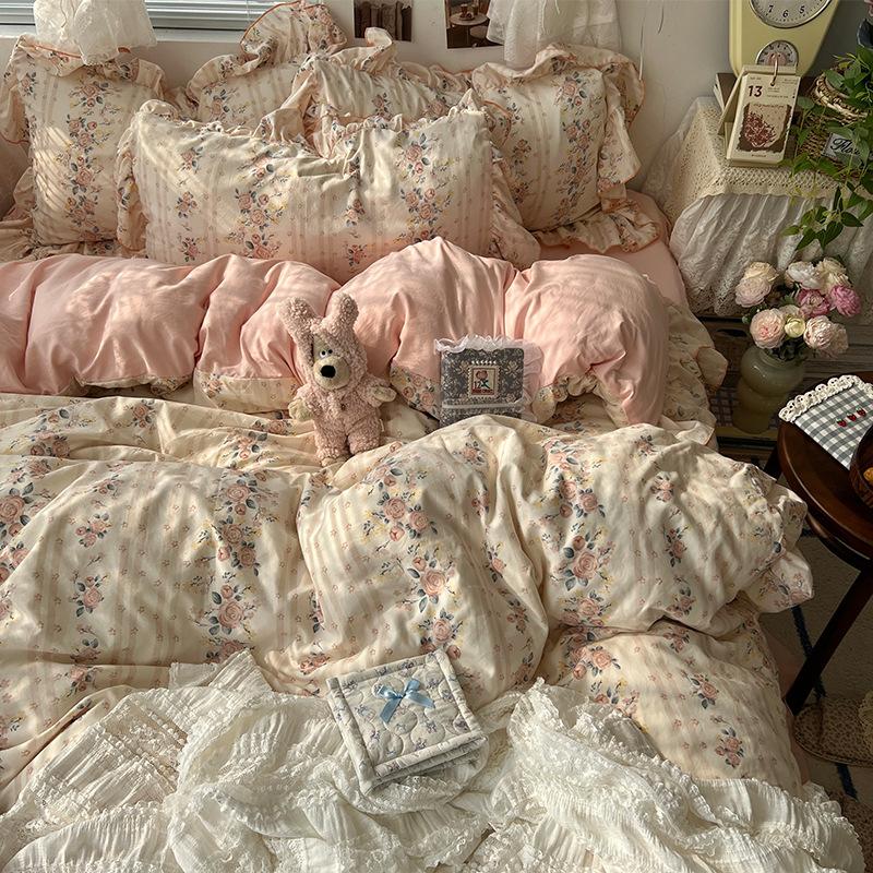 Floral Bedding Set Four-piece Romantic Skin-friendly Breathable Comfortable Washed Sheets Quilt Cover Pillowcase