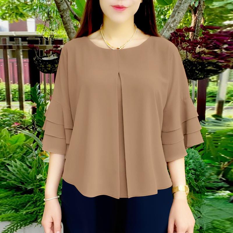 

ZANZEA Женская повседневная блузка с круглым вырезом, оборками и рукавами 3/4, свободного кроя 4XL хаки