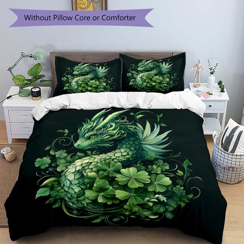 

3pcs Green Leaf Dragon Quilt Set - Soft and Comfortable Bedroom, Guest Room and Dorm Decor Bedding Set 1 Quilt Cover + 2 Pillowcases.J063 135cm*200cm
