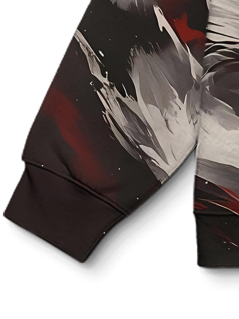 Men'S Individual Trendy Street Style Hooded Sweatshirt Red White Fox, Flame Tattoo, Mane Flying, Red Black Interwoven Background Show Mysterious -