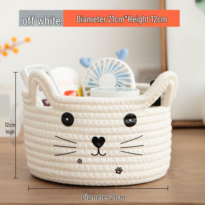 Cartoon Woven Cotton Rope Storage Basket for Cat, Remotes, Sundries, and Cosmetics