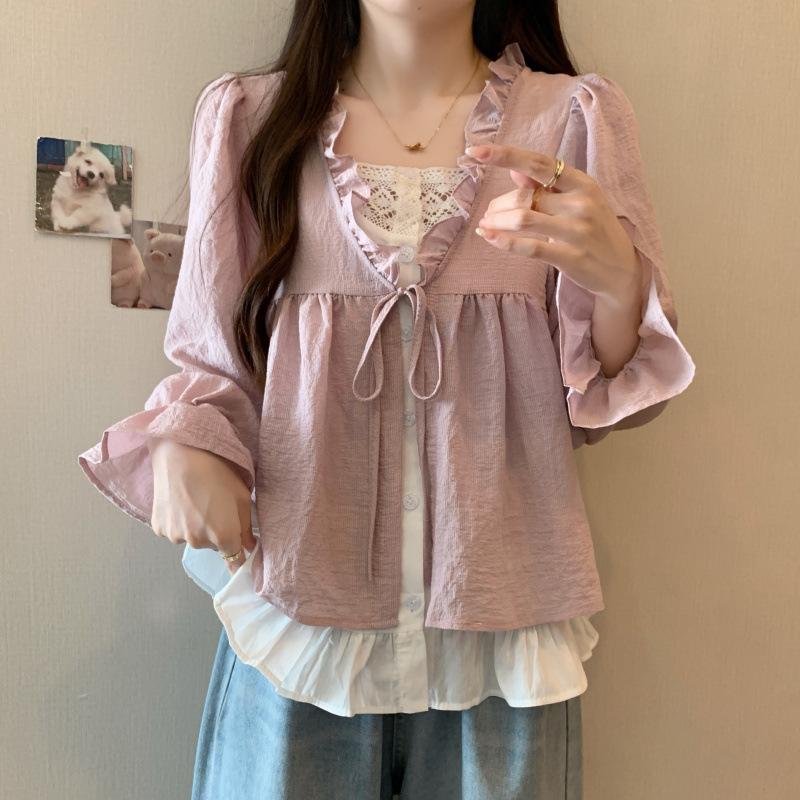 Korean Casual Sweet Fungus Lace Collar Women's Shirt Top Autumn Women Fashion Fake Two Piece Lace Up Long Sleeved Shirt