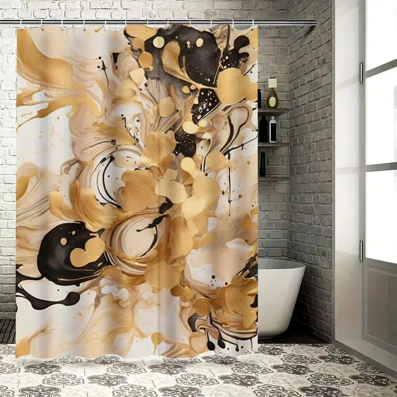 Luxurious Floral Shower Curtain Modern Decorative Bathroom Fabric Black White Gold Color Blended Flower Design Waterproof
