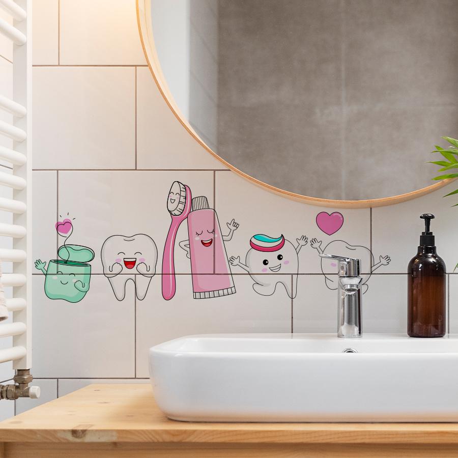 Dental Health Wall Stickers with Cute Tooth Characters Toothbrush And Floss DesignsStick Decals for Bathroom Lavatory Decor.