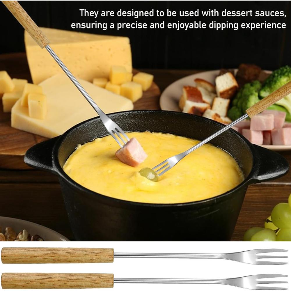Stainless Steel Fondue Forks with Wooden Handle - Long Chocolate Cheese Fondue Dipping Tools Dessert Sticks for BBQ Marshmallows