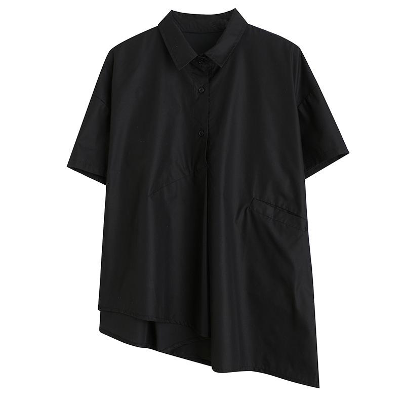 Summer Casual Women's Blouse Top Loose Solid Color Irregular Lapel Short Sleeve Shirt
