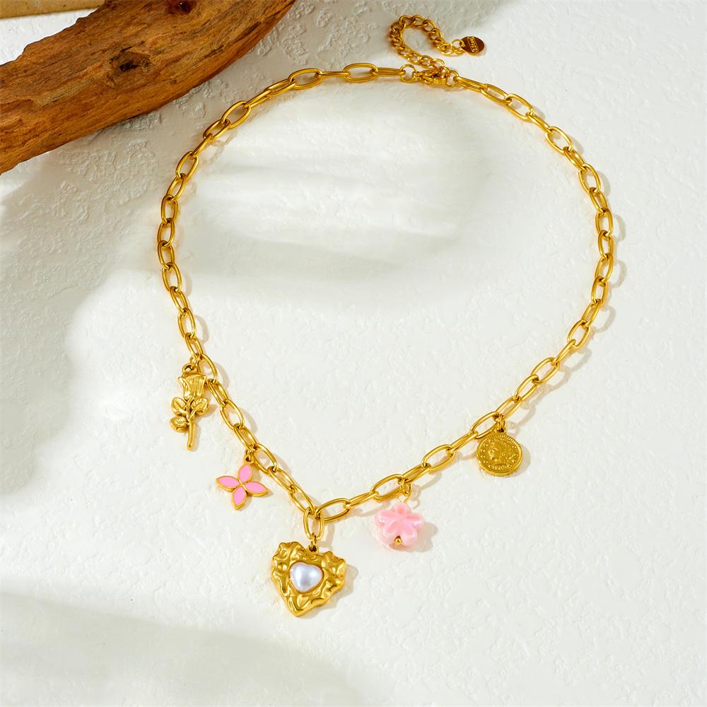 DIEYURO 316L Stainless Steel Pink Flower Rose Heart Pearl Pendant Necklace For Womens New Fashion Neck Chain Jewelry Gift