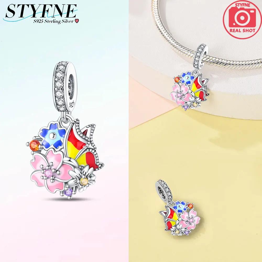 Authentic copper Colored Flower Pendant Pink Plants Lucky Charm Bead Charms Bead Charms Compatible With Bracelets Women Accessory Fine Gift Diy Jewell