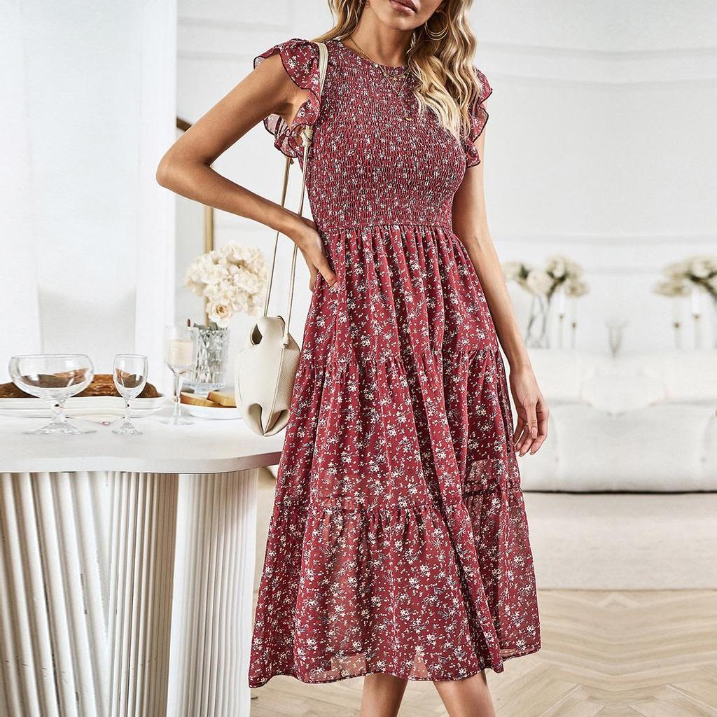 Women Spring Summer O Neck Flying Sleeve Slim Floral Causal All Match Printed Dresses